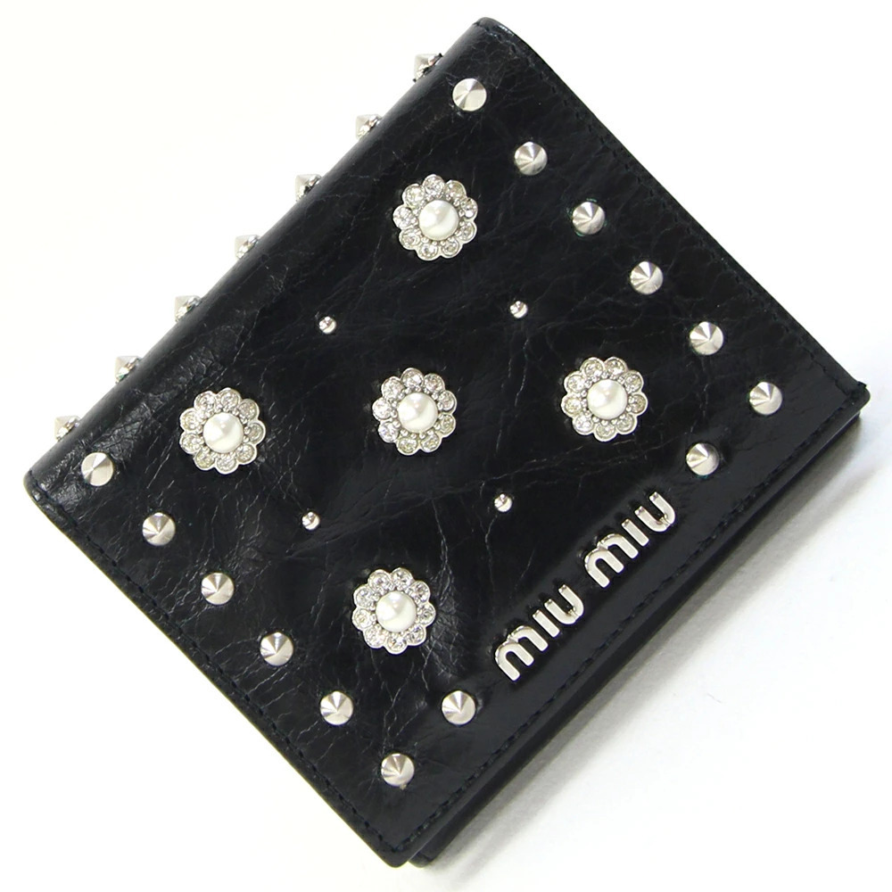 Miu Miu Bi fold Wallet Black Leather Compact Studs Flower